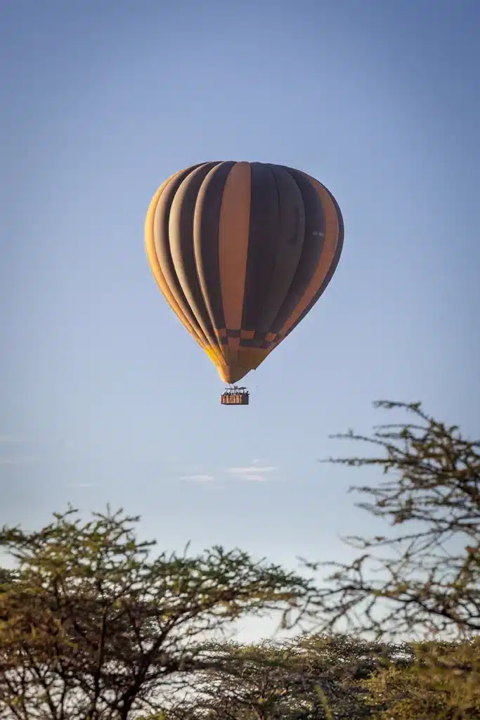 Hot air balloon in flight above northern Serengeti trees
