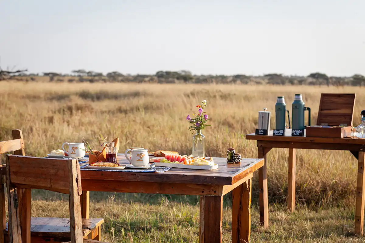 A breakfast table laid out on the open plains at Mawe Tented Camp