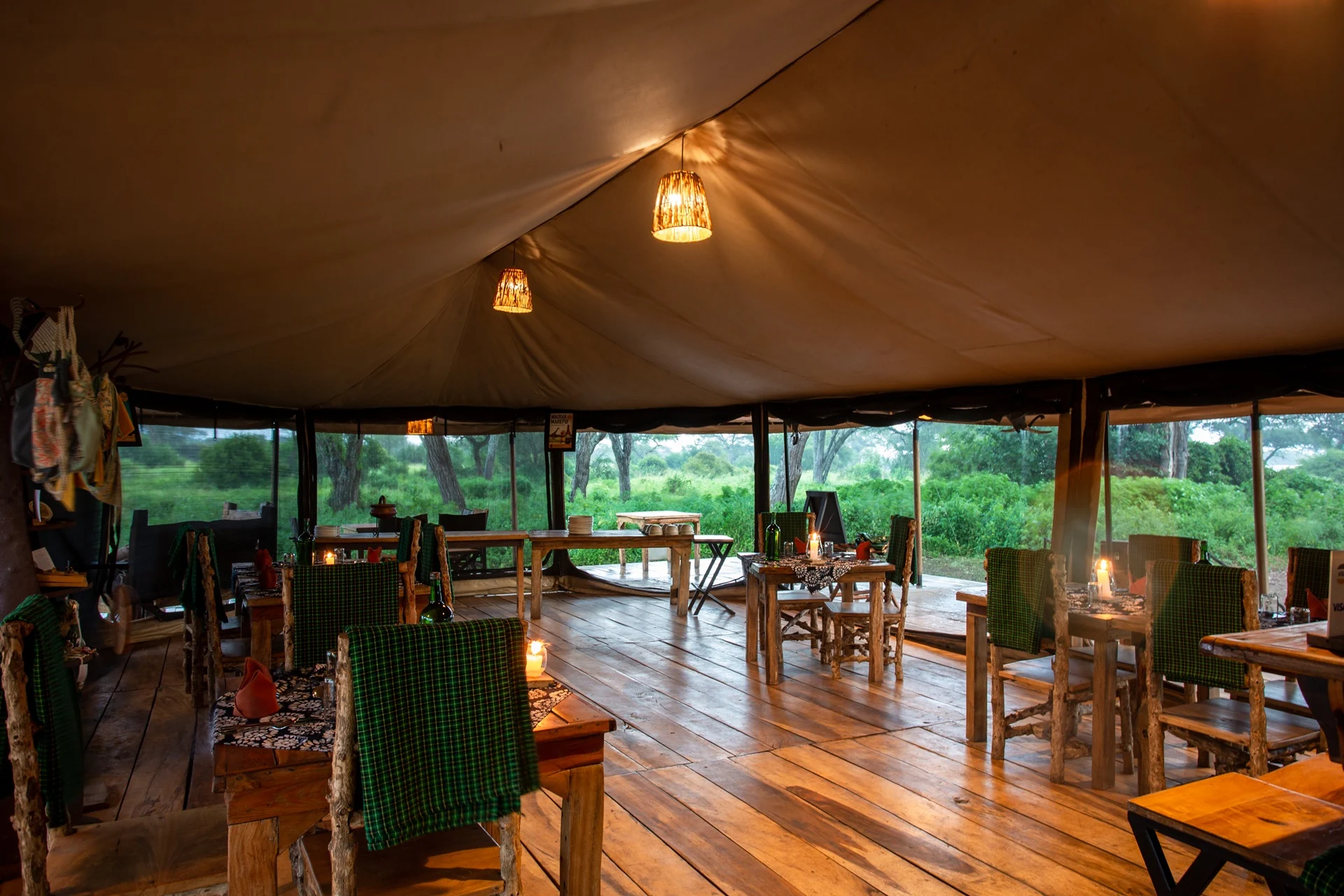 Candlelit dining tent in the evening