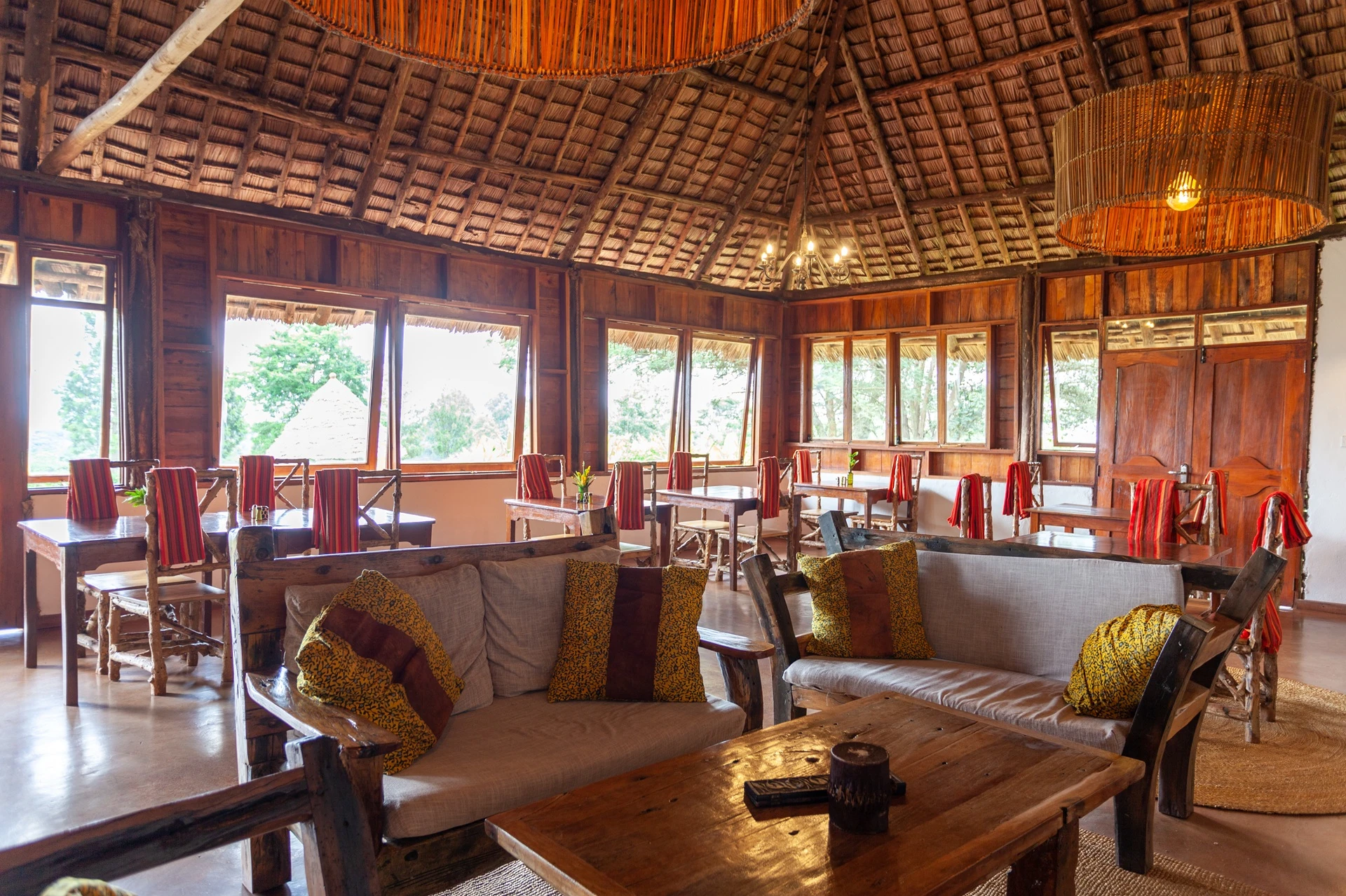 Karatu Lodge thatched roof dining restaurant interior