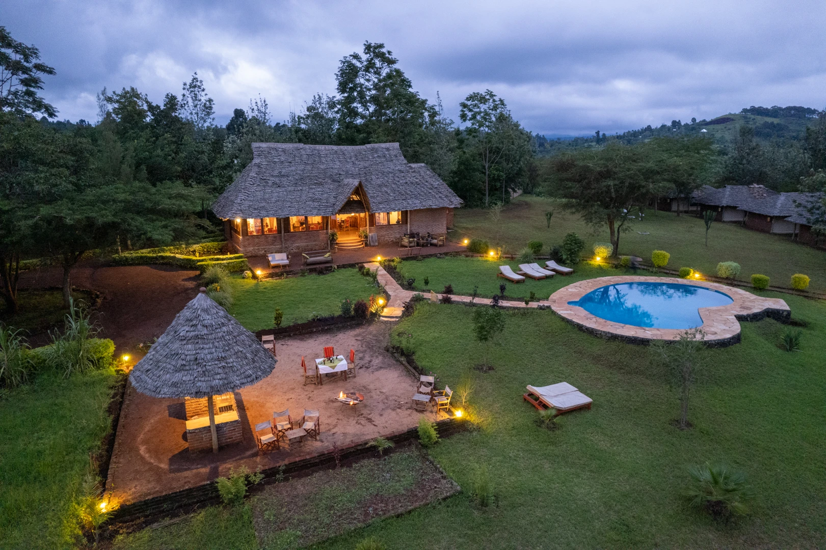 Karatu Tented Lodge aerial view pool dusk