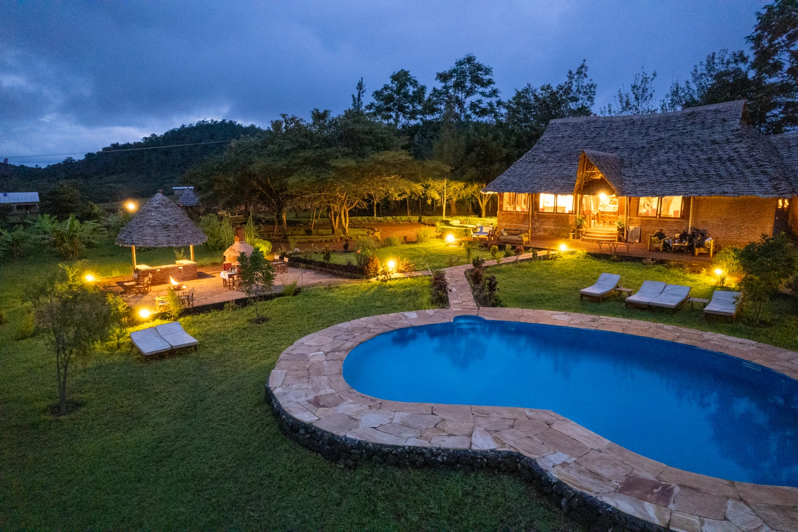 Karatu Tented Lodge aerial view pool night