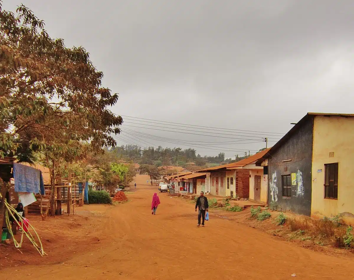 The red dirt main street of Karatu town, lined with small shops