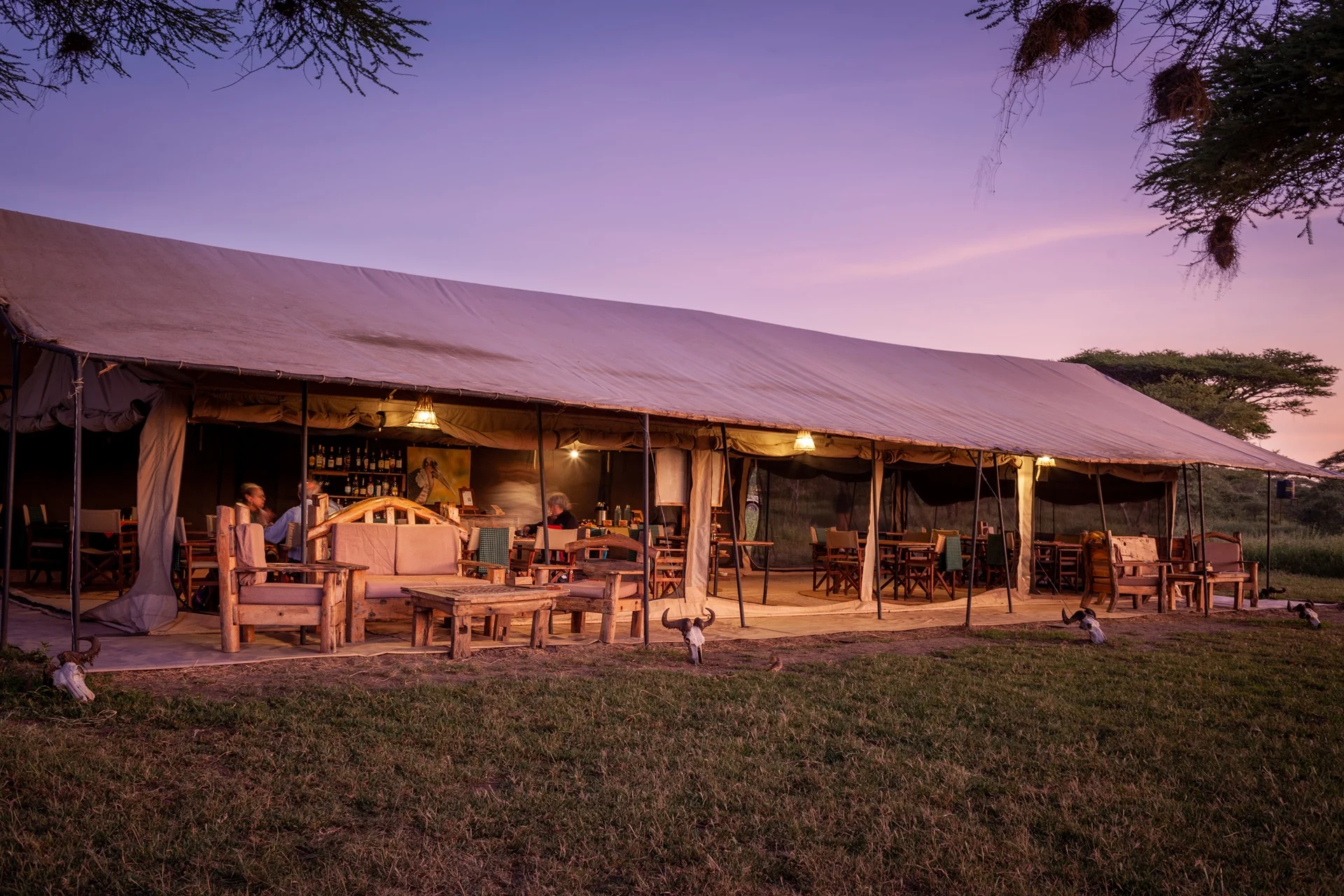 The lounge and bar inside the main tent at Gnu Ndutu Camp
