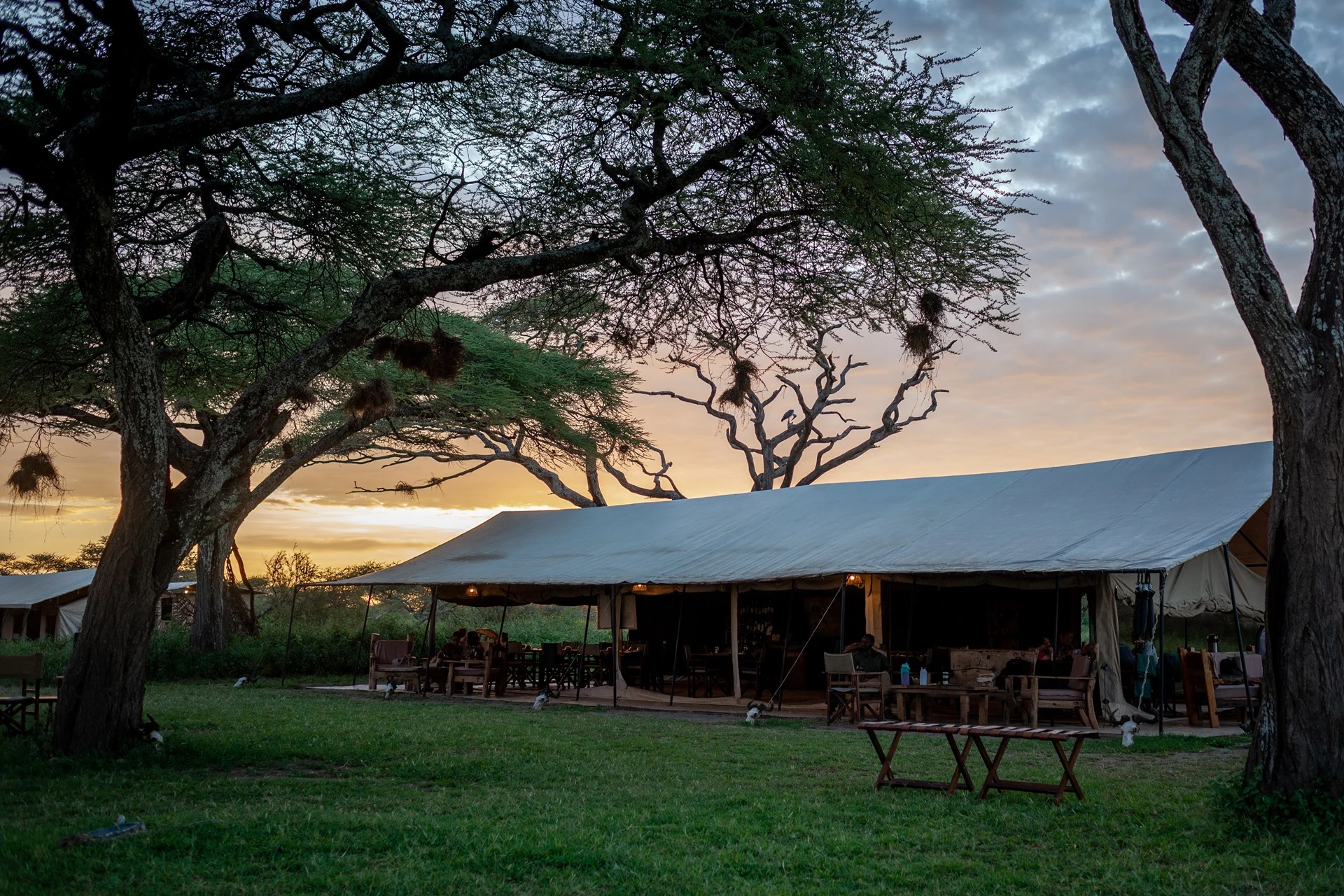 The mess tent set for dinner at sunset at Gnu Ndutu Camp