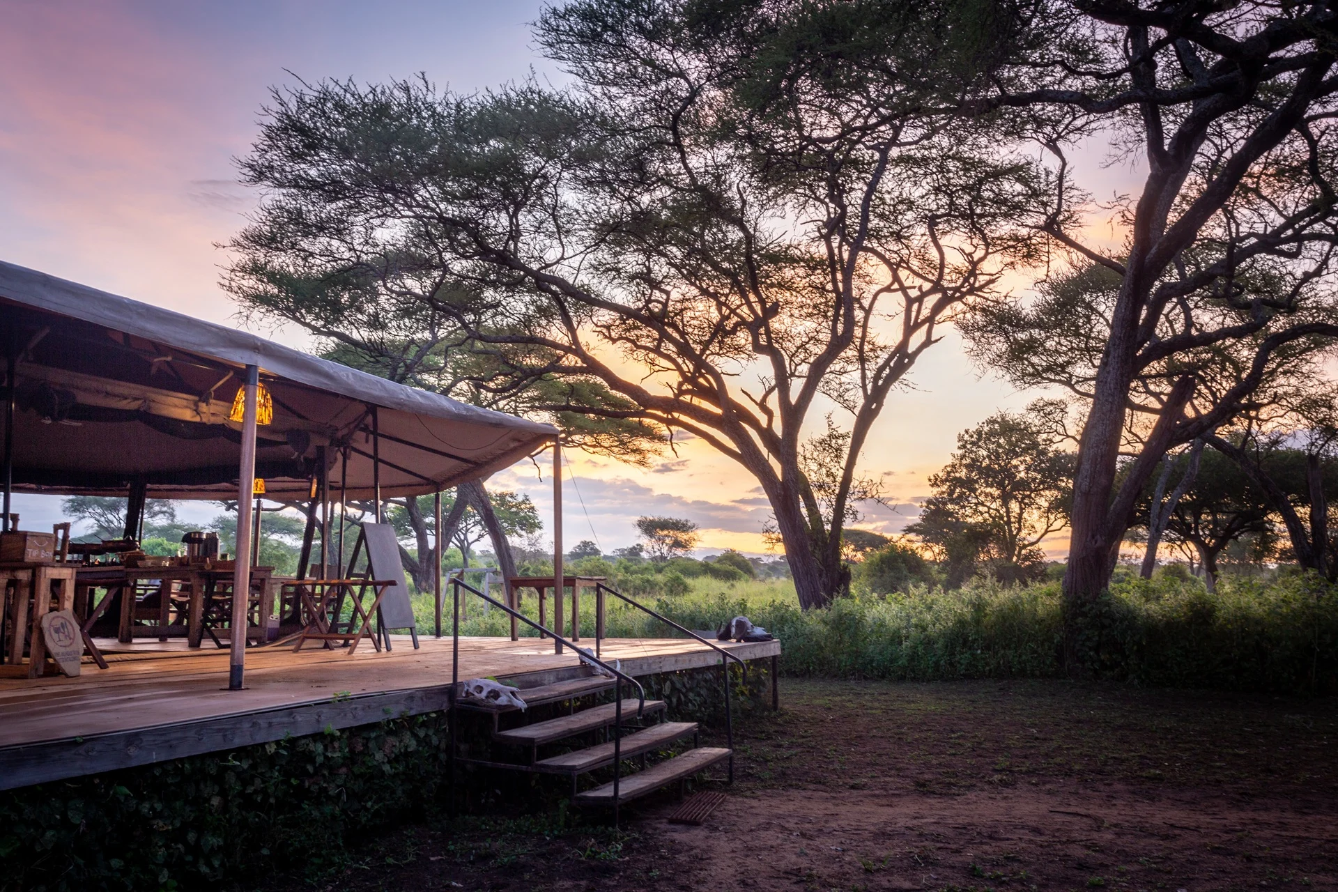 Sunset over the lounge deck at Baobab Camp
