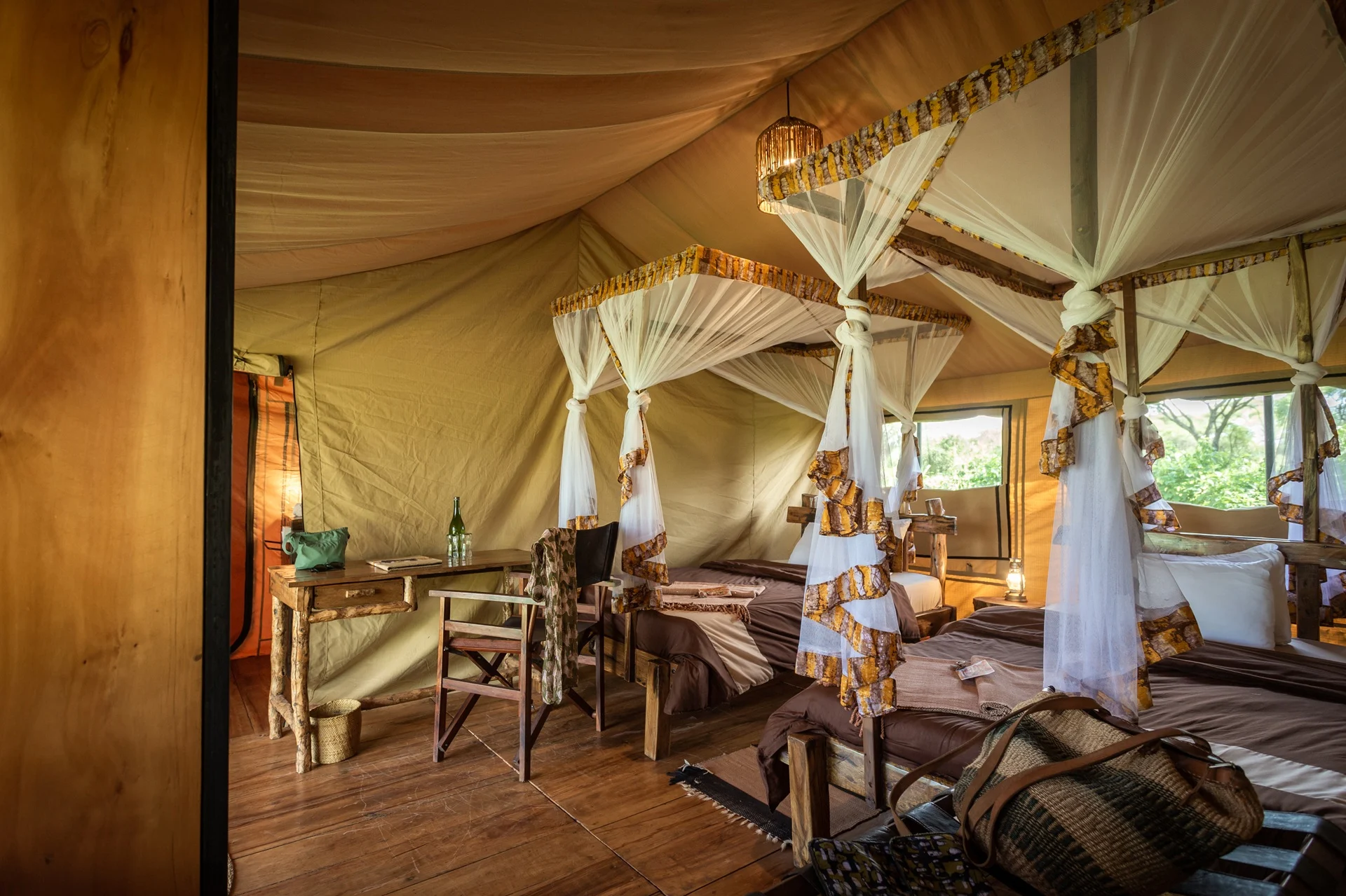 Twin bed safari tent interior